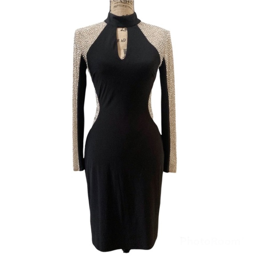 XSCAPE Black Midi Bodycon Dress Long Sleeve Embellished Nude Mesh Size 6 P.